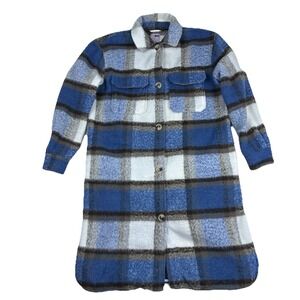 Women's Blue White Plaid Long Shacket Jacket  Coat Button Front Long Sleeve  XL